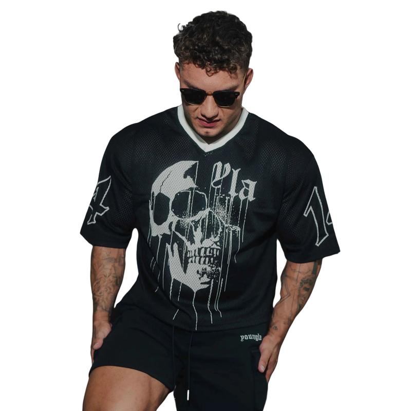 YOUNGLA Men's Sports Fitness T-Shirt with Skull Pattern, Quick Drying and Breathable Mesh Short Sleeve - Fabric, Menswear