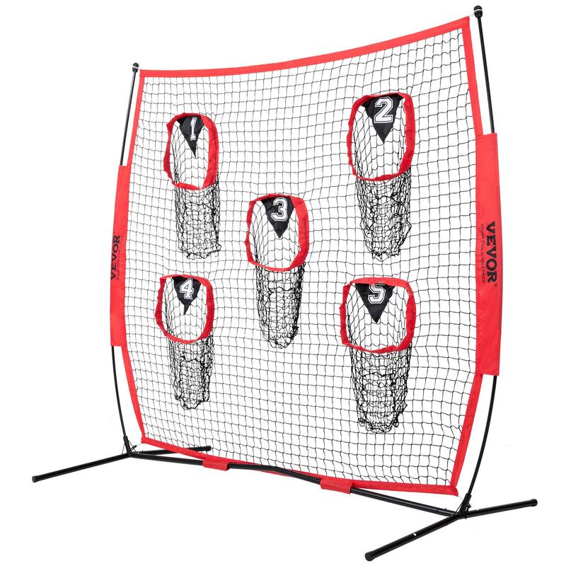 VEVOR 7 x 7 ft Football Trainer Throwing Net, Training Throwing Target Practice Net with 5 Target Pockets, Knotless Net Includes Bow Frame and Portable Carry Case, Improve QB Throwing Accuracy, Red