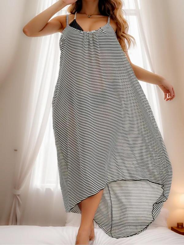 Plus Size Striped Print Backless High Low Hem Cover Up Dress, Casual Spaghetti Strap Long Cover Up Dress, Women's Summer Swimwear for Beach Holiday