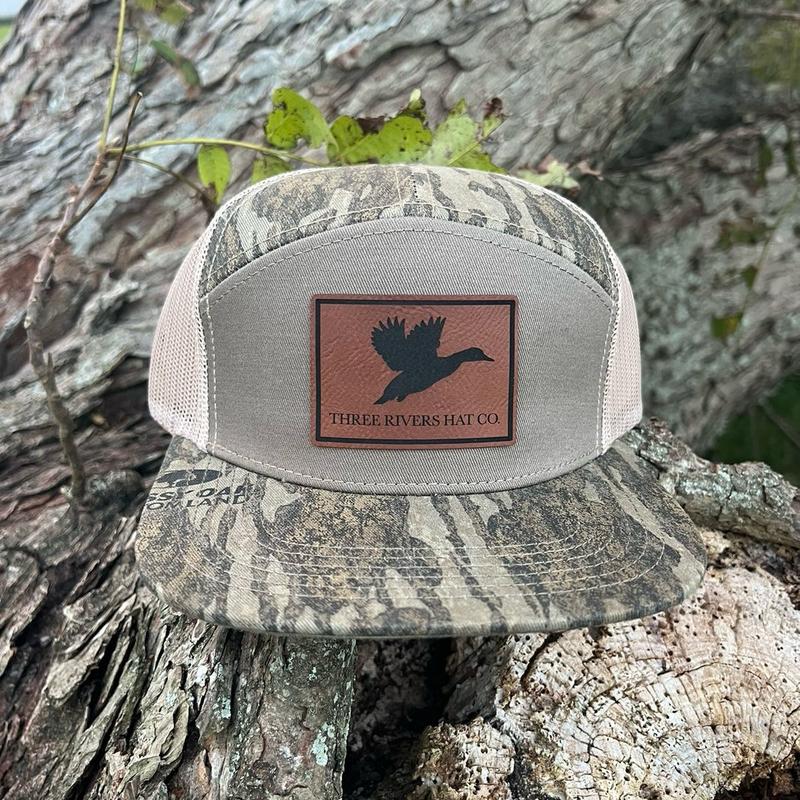 Duck Silhouette Patch - Mossy Oak Bottomland 7 panel Flatbill Snapback Hat (2 colors)