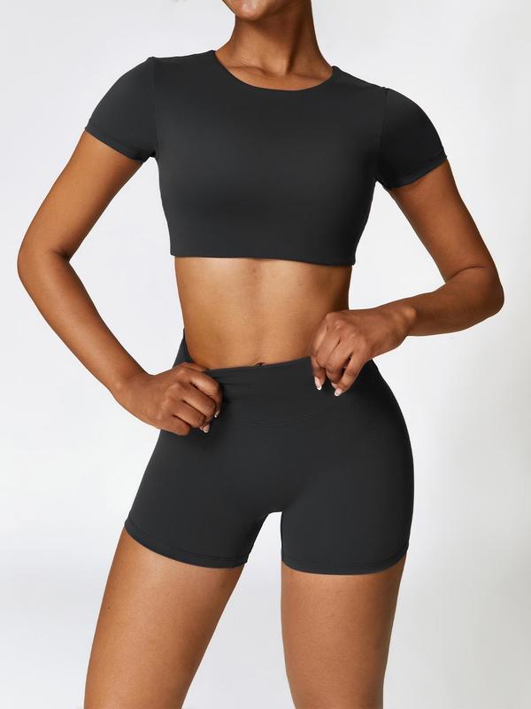 Women's Solid Round Neck Crop Top & High Waist Shorts Sports Set, Sporty Casual Breathable Comfortable Two-piece Outfits for Yoga Gym Workout Running, Ladies Sportswear for All Seasons