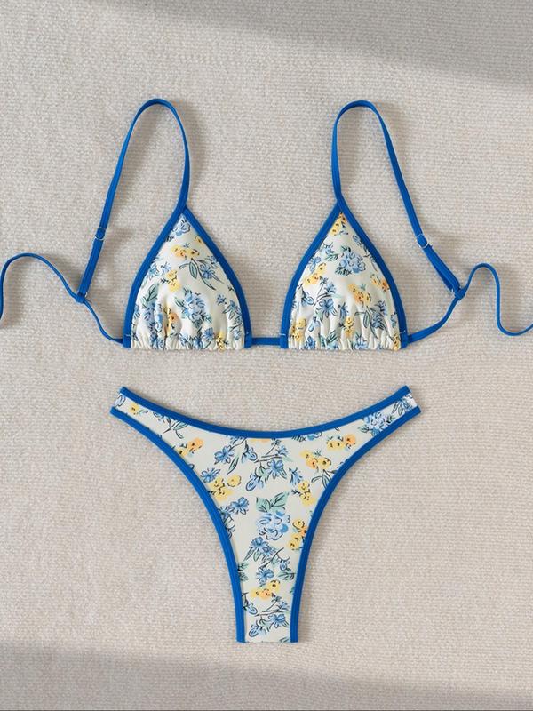 Two-Piece Set Women's Floral Print Contrast Binding Bikini Set, Adjustable Strap Backless Swim Top & Swim Thong, Two-piece Swimsuit for Beach Holiday Vacation