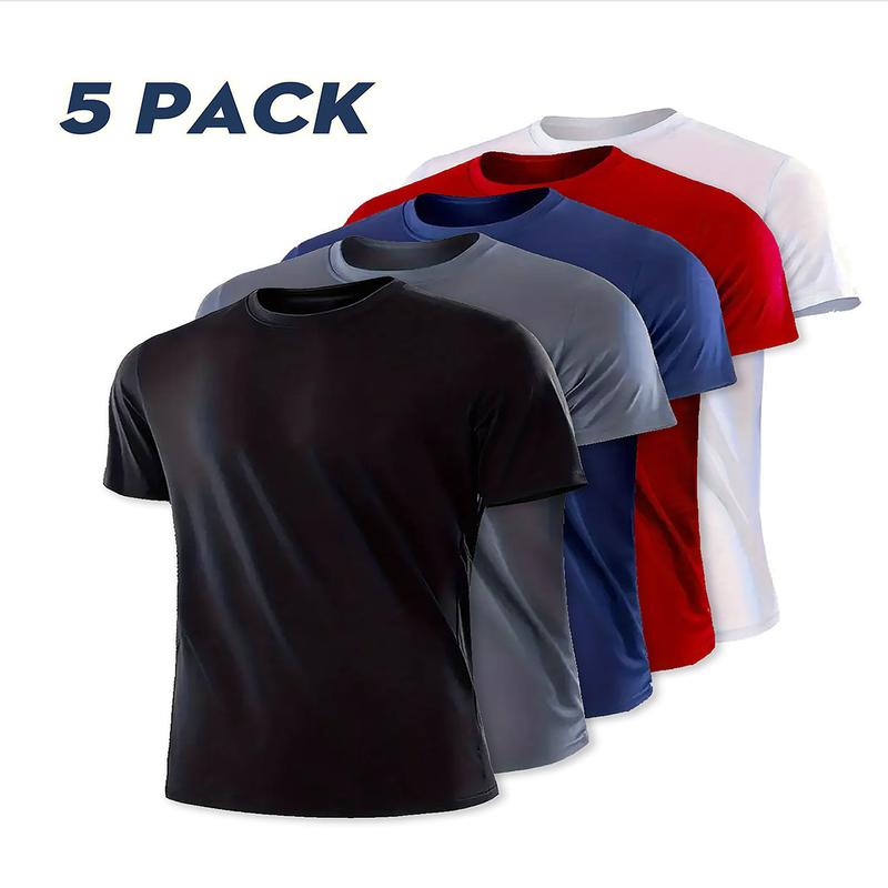 OKP Five Pack Men's Highly Elastic Moisture-Wicking T-shirt Soft, Quick-Drying, Breathable Sports Solid Color Short-Sleeved Round Neck Running Fitness Lightweight Top, Four Seasons gym wear cycling