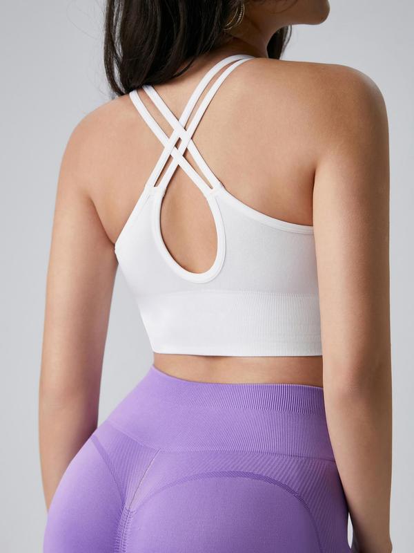 Sporty Women's Solid Color Criss Cross Double Straps Sports Cropped Vest, Sport Plain Round Neck Sleeveless Sports Crop Cami Top for All Seasons, Workout Gym Yoga Top for Women