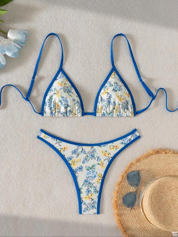 Two-Piece Set Women's Floral Print Contrast Binding Bikini Set, Adjustable Strap Backless Swim Top & Swim Thong, Two-piece Swimsuit for Beach Holiday Vacation