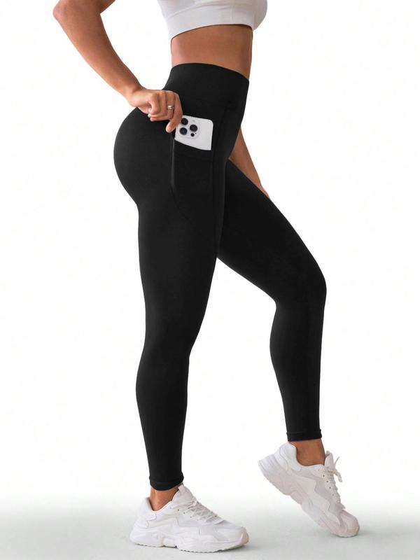 Women's Solid High Waist Pocket Sports Leggings, Comfy Breathable High Stretch Yoga Leggings, Ladies Sportswear for Indoor Outdoor Wear