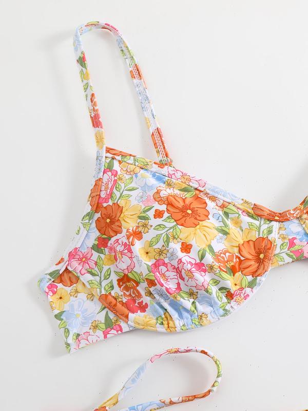 Women's Floral Print Bikini Sets, Swimsuit for Women, Bathing Suits Women, Tie Front Triangle Swim Bra & Tie Side Swim Bottom, Back to School Outfits, Ladies Summer Swimwear for Beach Holiday Vacation, Swimsuits 2024 Women