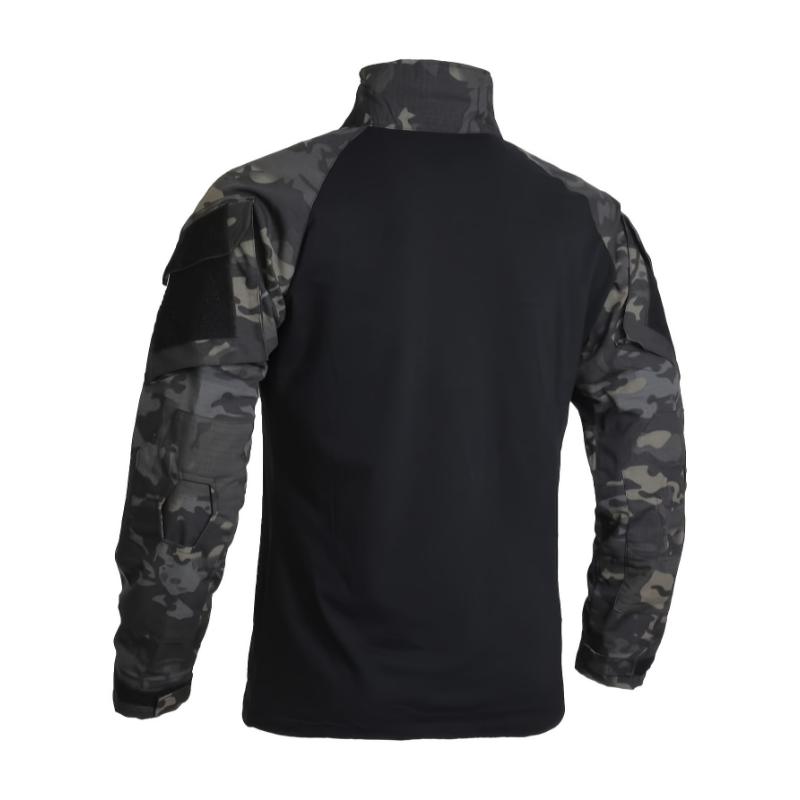 Camo Color Block Men's Outdoor Sports Long Sleeve Tactical Stretch Cotton Top With Half Zipper And Pocket Design, Camping, Climbing, Hiking, Fishing