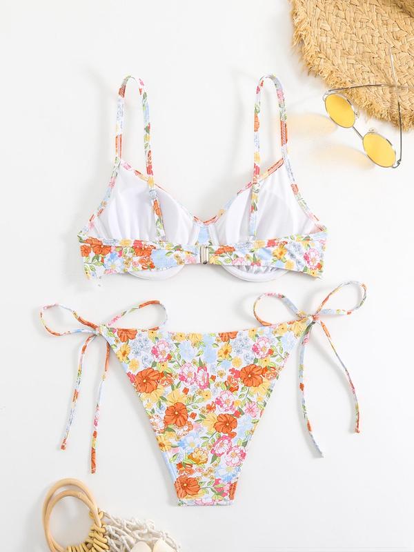 Women's Floral Print Bikini Sets, Swimsuit for Women, Bathing Suits Women, Tie Front Triangle Swim Bra & Tie Side Swim Bottom, Back to School Outfits, Ladies Summer Swimwear for Beach Holiday Vacation, Swimsuits 2024 Women