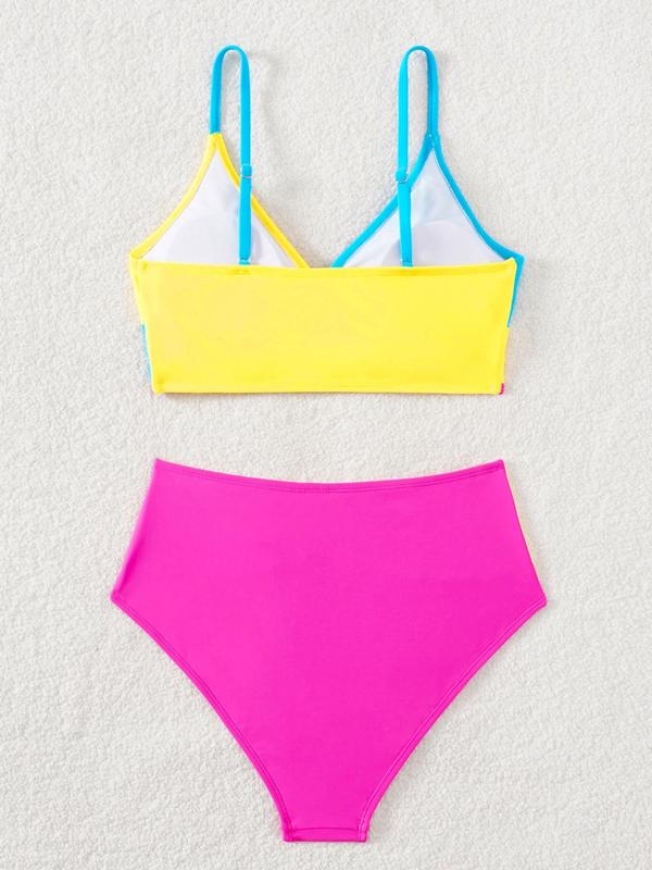 LGBTQ+ Women's Colorblock Twist Bikini Sets, Adjustable Strap Swim Top & High Waist Swim Bottom, Two-piece Swimsuit for Beach Vacation Back To School, Summer Swimsuit Sets for Women