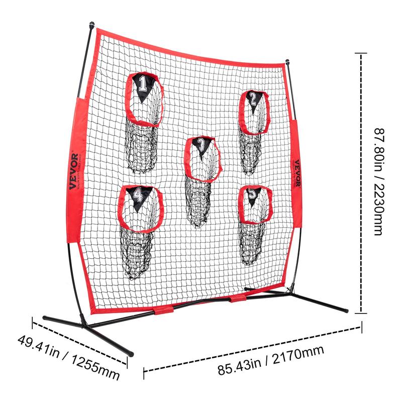 VEVOR 7 x 7 ft Football Trainer Throwing Net, Training Throwing Target Practice Net with 5 Target Pockets, Knotless Net Includes Bow Frame and Portable Carry Case, Improve QB Throwing Accuracy, Red