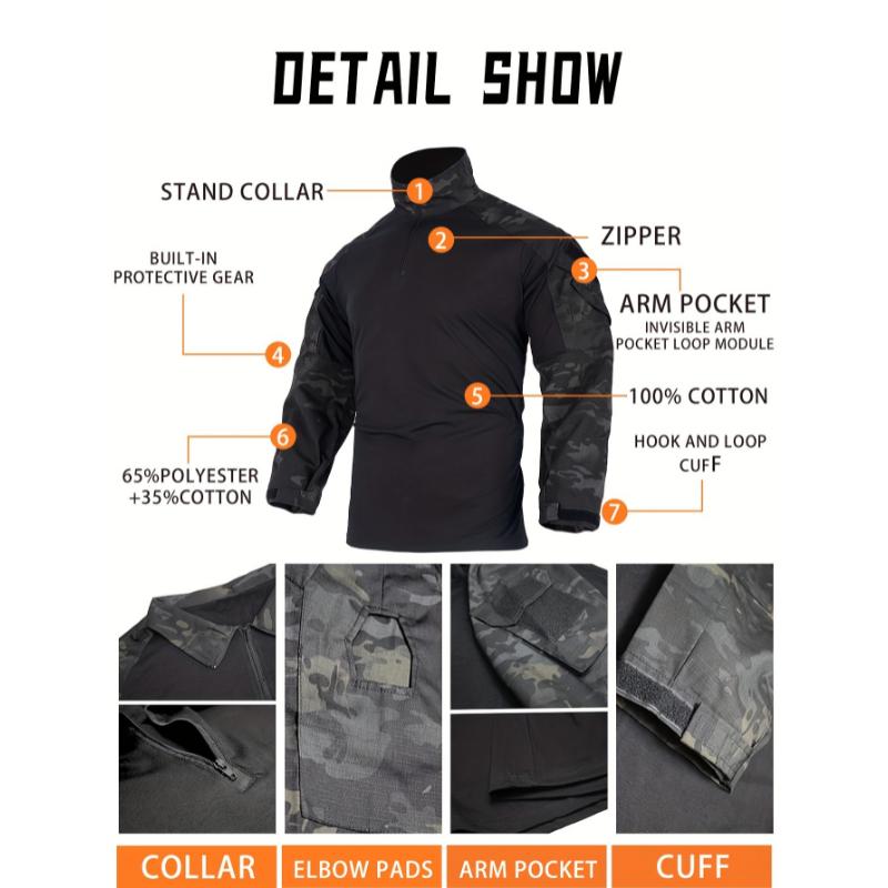 Camo Color Block Men's Outdoor Sports Long Sleeve Tactical Stretch Cotton Top With Half Zipper And Pocket Design, Camping, Climbing, Hiking, Fishing