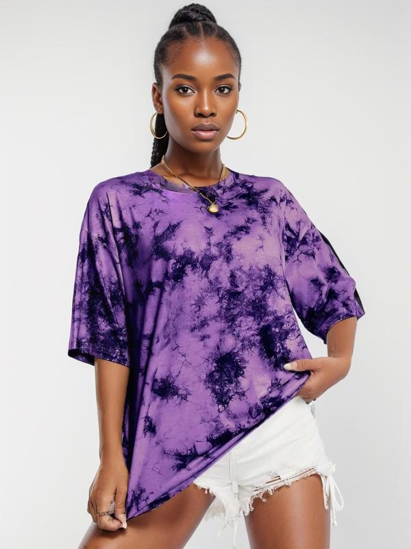 Women's Tie Dye Print Drop Shoulder Sports Tee, Sporty Round Neck Half Sleeve T-Shirt, Workout Tops, Ladies Sportswear for Indoor Outdoor Wear