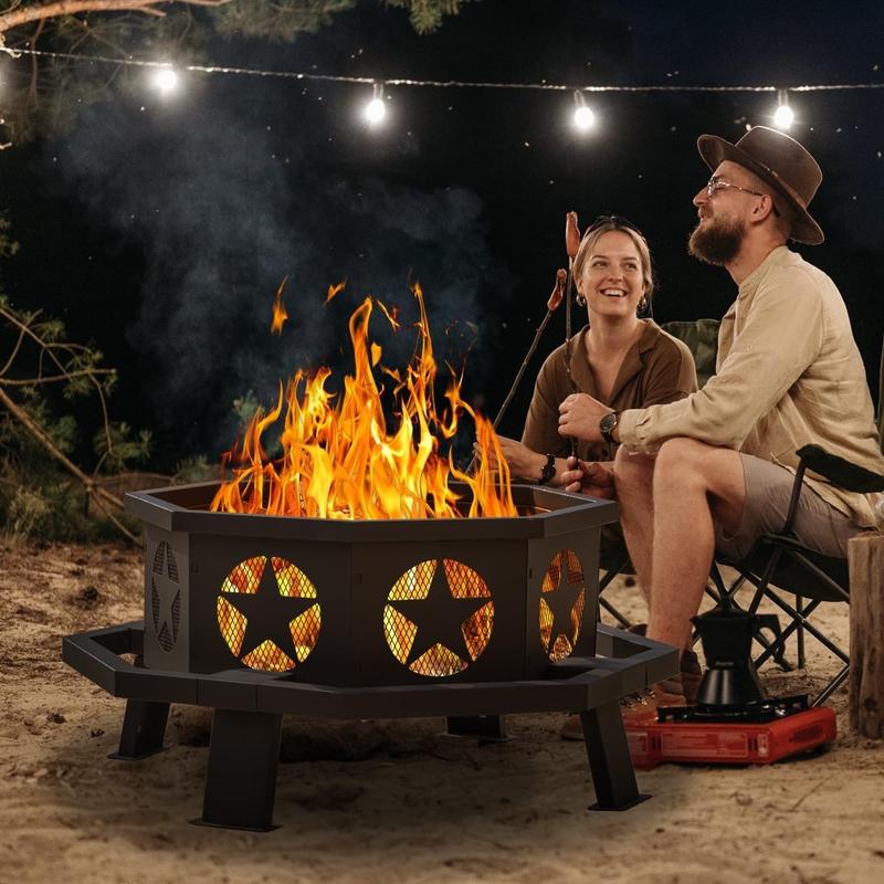 35 inch Fire Pit for Outside, Heavy Duty Wood Burning Fire Pits,Outdoor Fireplace Octagonal Firepit for Camping, Backyard, Patio