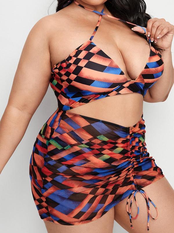 Plus Size Two-piece Set Geometric Print Criss Cross Backless Bikini Swimsuit, Drawstring Waist Swimwear for Women, Women's Swimsuit for Summer