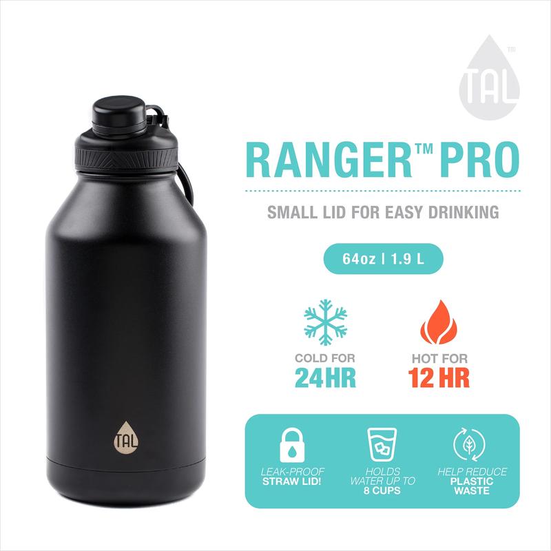 TAL Stainless Steel Ranger Water Bottle 64Oz, Black Drinkware Flasks Outdoors Set