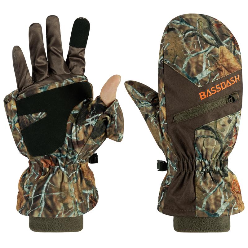 BASSDASH Men’s Insulated Mittens Winter Camo Hunting Gloves Water Resistant for Cold Weather Outdoor Activities