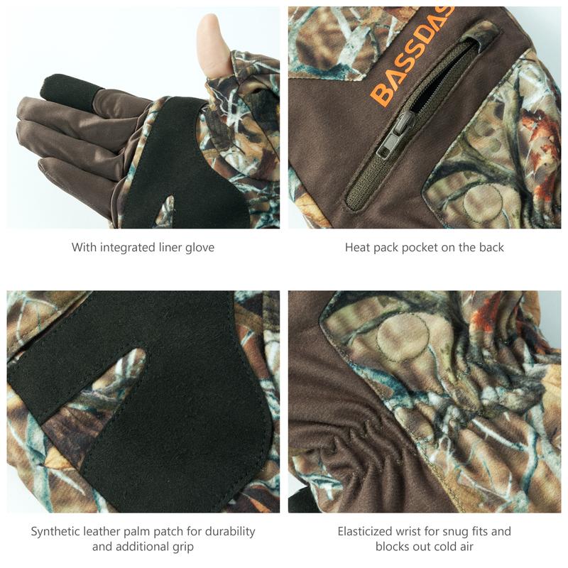 BASSDASH Men’s Insulated Mittens Winter Camo Hunting Gloves Water Resistant for Cold Weather Outdoor Activities