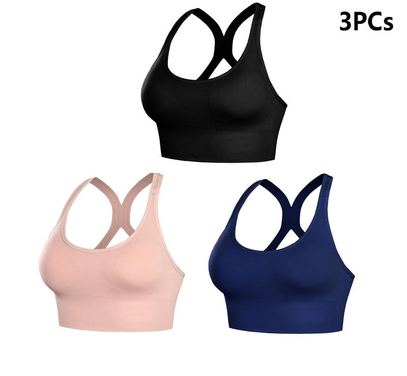 3PCs Stretchy Solid Racer Back Sports Bra, Comfy & Breathable Push Up Fitness Bra, Women's Lingerie & Underwear,wireless seamless bra minimalist lingerie stylish lingerie