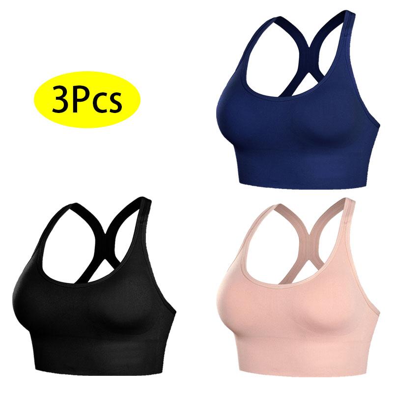 3PCs Stretchy Solid Racer Back Sports Bra, Comfy & Breathable Push Up Fitness Bra, Women's Lingerie & Underwear,wireless seamless bra minimalist lingerie stylish lingerie