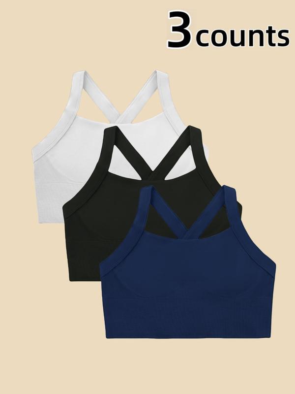 Women's Solid Criss Cross Backless Sports Bra, Breathable Comfortable Wireless Sports Bra, Ladies Sportswear for Indoor Outdoor Wear