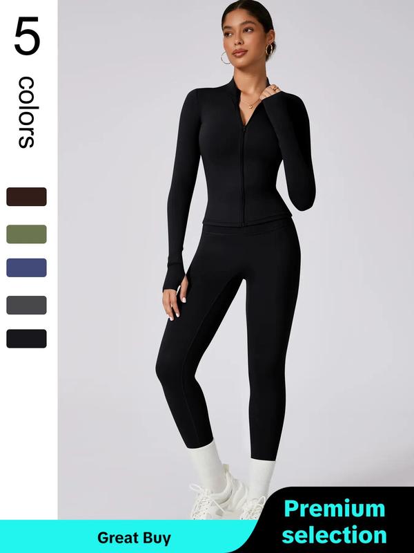 Two-piece Set Women's Solid Zip Up Mock Neck Jacket & High Waist Leggings Tracksuit, Sporty Long Sleeve Top & Skinny Bottoms for Yoga Gym Workout, Ladies Sportswear for All Seasons, Minimalistic Outfit Fall Outfits