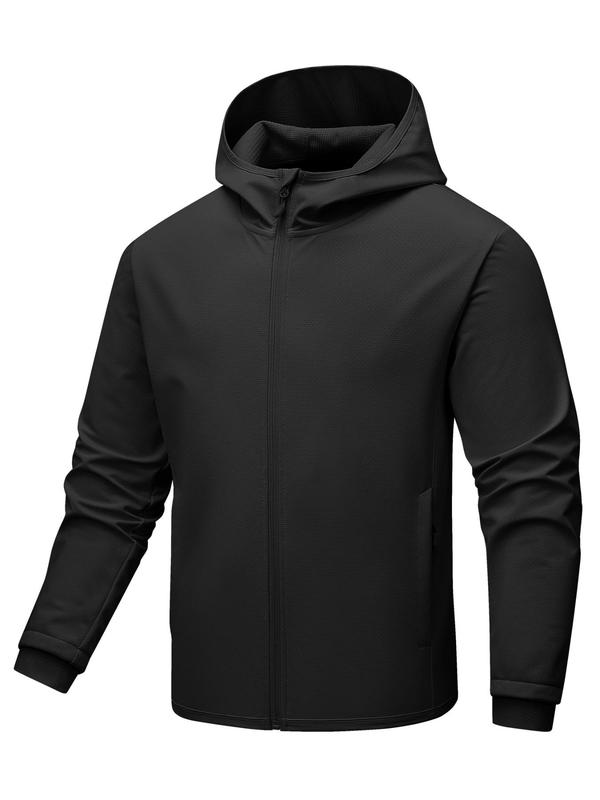 Men's Solid Zip Up Pocket Hooded Sports Coat, Regular Fit Sporty Long Sleeve Windproof Hooded Outerwear for Fall, Men's Sportswear for Outdoor Activities