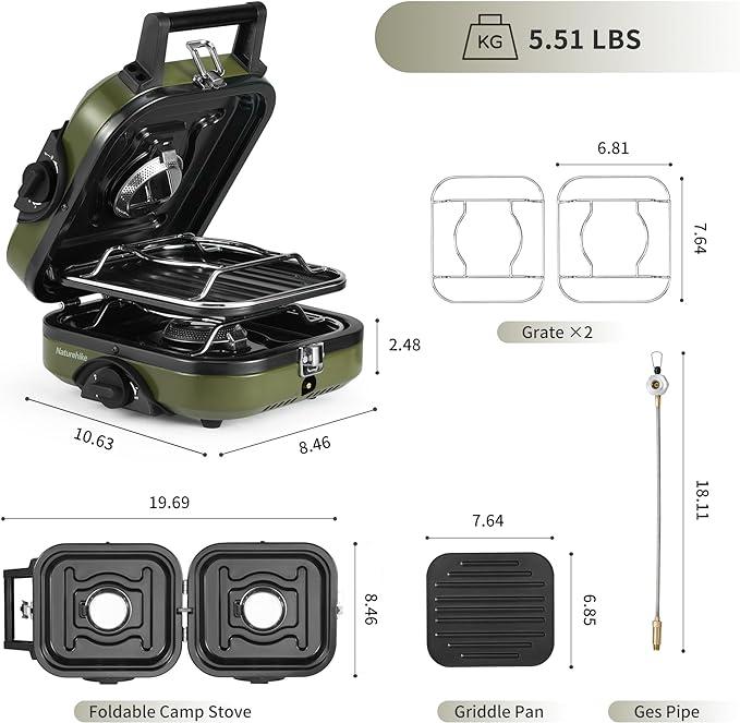 Naturehike 2-Burner Folding Camping Stove with Griddle – 16000 BTU Portable Gas Stove, Adjustable Burners,Lightweight & For Camping cooking