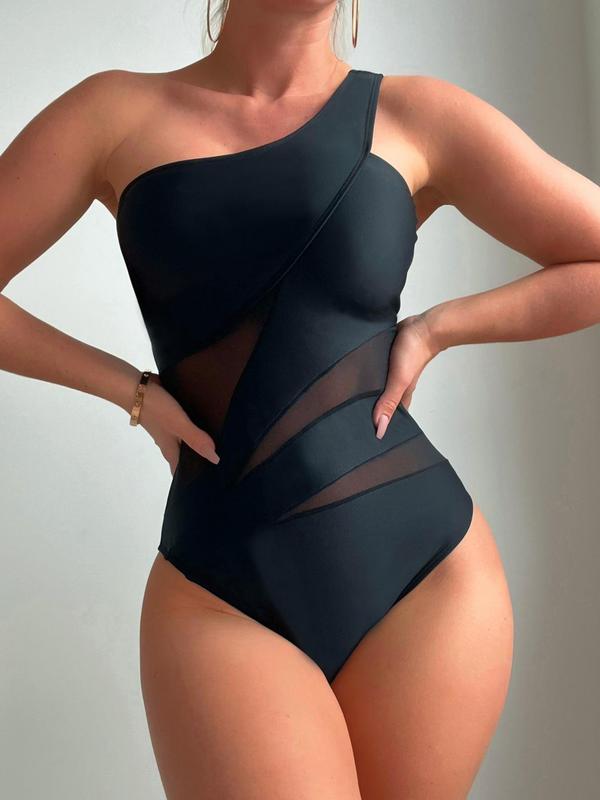 Women's Contrast Mesh Sheer One-piece Swimsuit, Minimalist One Shoulder Sleeveless Swimwear, Ladies Summer Swimsuit, Bathing Suits 2024 for Women