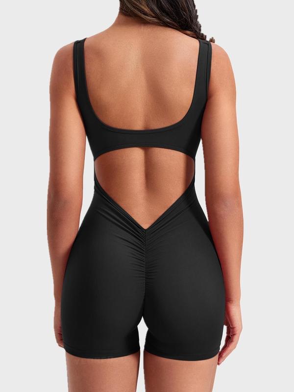 Women's Solid Cut Out Ruched Backless Sports Romper, One-piece Sports Tank Top, Solid Sleeveless Square Neck Romper for Yoga Gym Workout, Ladies Sportswear, Tummy Control