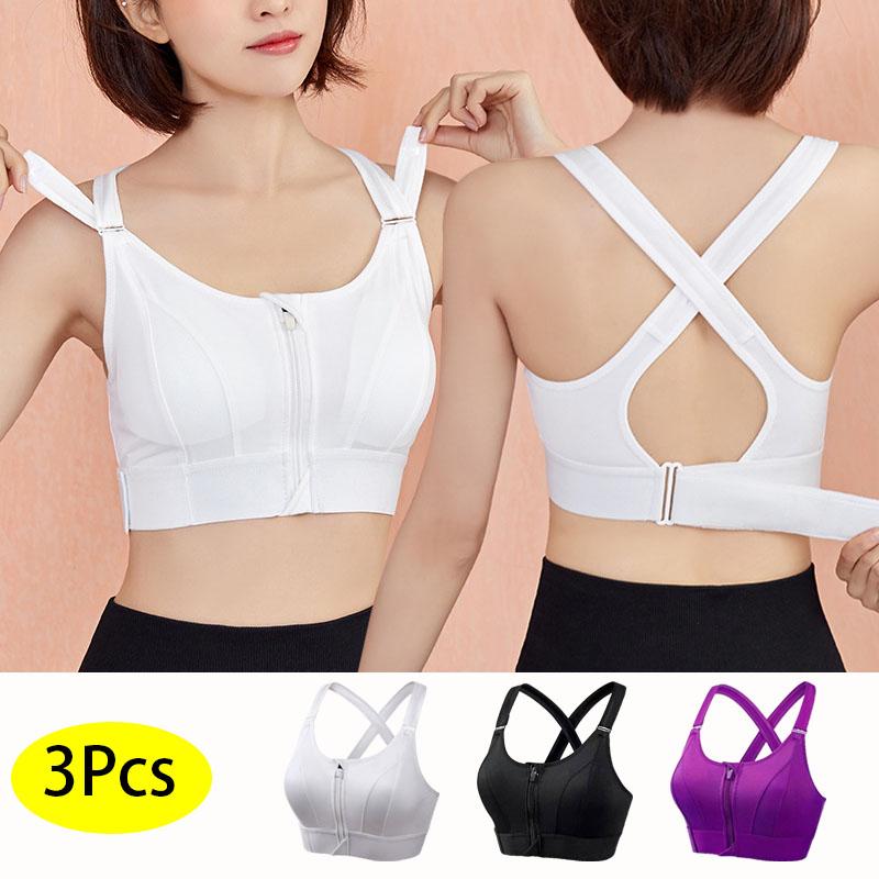 3Pcs Women's Plus Size Sports Bra, Fashion Front Zip-up Design, Breathable Full Coverage Workout Bra For Yoga & Fitness