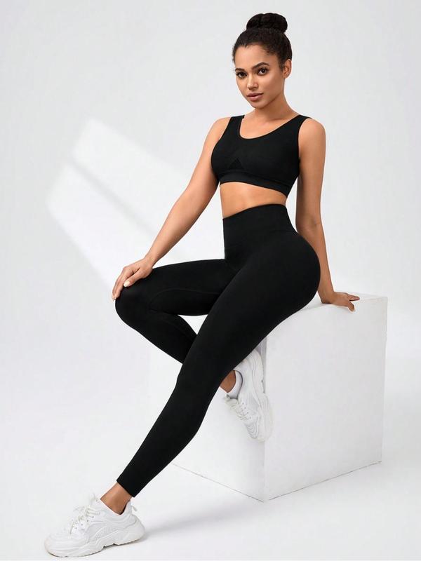 Women's Solid Ruched Waist Sports Leggings, High Stretch Seamless Yoga Tummy Control Leggings, Ladies Sportswear for Indoor Outdoor Wear