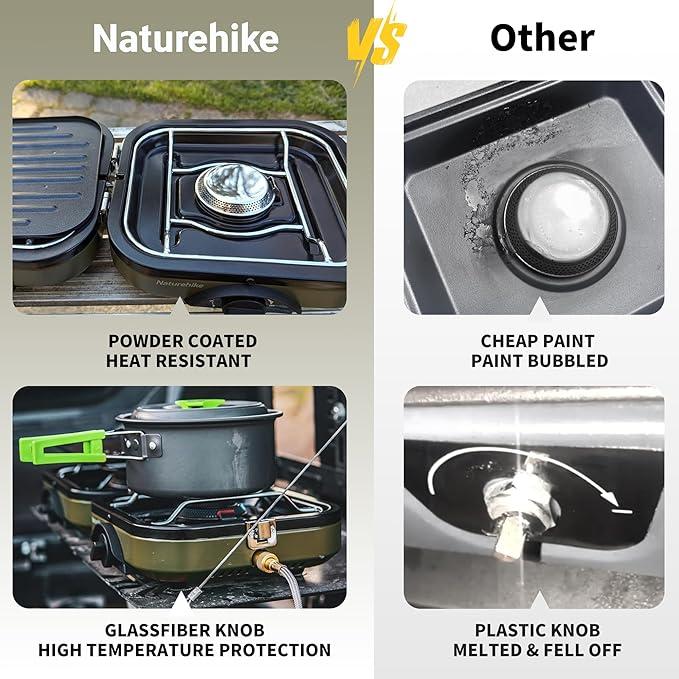 Naturehike 2-Burner Folding Camping Stove with Griddle – 16000 BTU Portable Gas Stove, Adjustable Burners,Lightweight & For Camping cooking