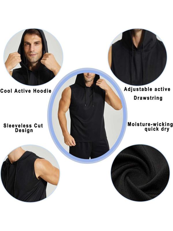 Men's Solid Drawstring Hooded Sports Vest, Sporty Breathable Sleeveless Tank Top for Gym Workout Running Boxing Basketball, Sport & Outdoor Clothing for Men