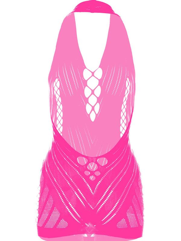 Women's Solid Color Backless Hollow Out Fishnet Cover Up Dress, Casual Sleeveless Halter Neck Cover Up for Summer, Ladies Swimwear for Beach Holiday Vacation