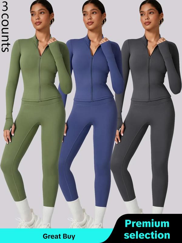 Two-piece Set Women's Solid Zip Up Mock Neck Jacket & High Waist Leggings Tracksuit, Sporty Long Sleeve Top & Skinny Bottoms for Yoga Gym Workout, Ladies Sportswear for All Seasons, Minimalistic Outfit Fall Outfits