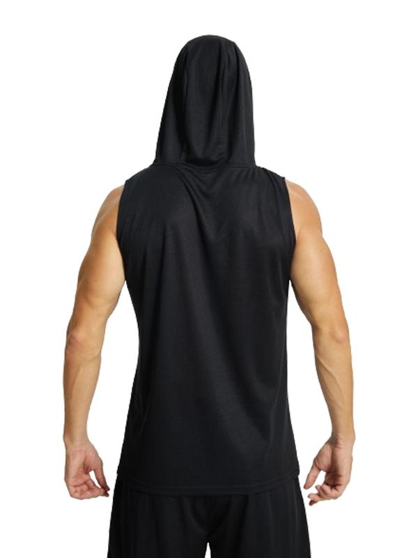 Men's Solid Drawstring Hooded Sports Vest, Sporty Breathable Sleeveless Tank Top for Gym Workout Running Boxing Basketball, Sport & Outdoor Clothing for Men