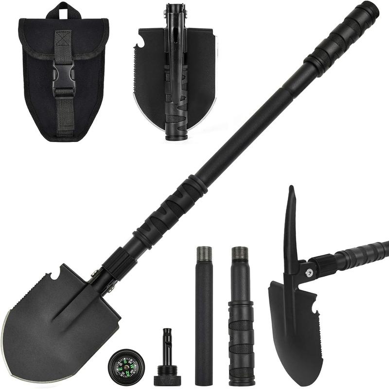 Mini Foldable Military Folding Shovel 7-in-1 Multi-Function Garden Outdoor Tool with Hoe, Compass, Saw, Bottle Opener, Pickaxe for Gardening, Survival, Hiking, Ice Fishing-Color May Vary