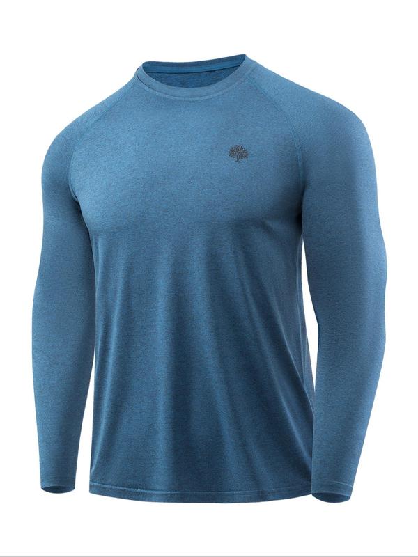 Men's Solid Round Neck Long Sleeve Sports Tee, Breathable Quick Drying Crew Neck T-shirt,  T Shirts for Men,  Casual Comfy Top for Gym Workout Outdoor Activities