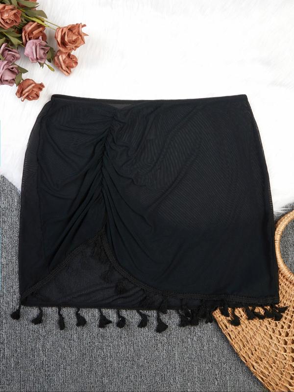 Plus Size Contrast Mesh Fringe Trim Sheer Swim Skirt, Casual Ruched Asymmetrical Hem Swim Bottom for Summer, Women's Swimwear for Beach Holiday Vacation