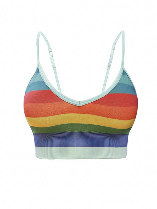 LGBTQ+ Women's Rainbow Stripe Print Wireless Sports Bra, Adjustable Strap Crop Cami Top, Breathable Comfortable Sports Bra, Summer Clothing