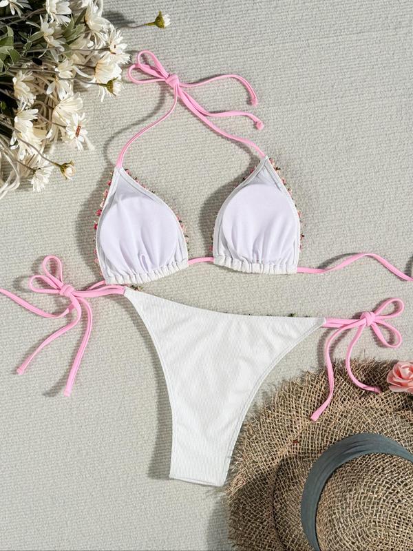 Women's Floral Embroidery Bikini Set, Boho Fashion Tie Back Halter Triangle Swim Bra & Tie Side Swim Bottom, Ladies Summer Swimwear for Beach Holiday Vacation