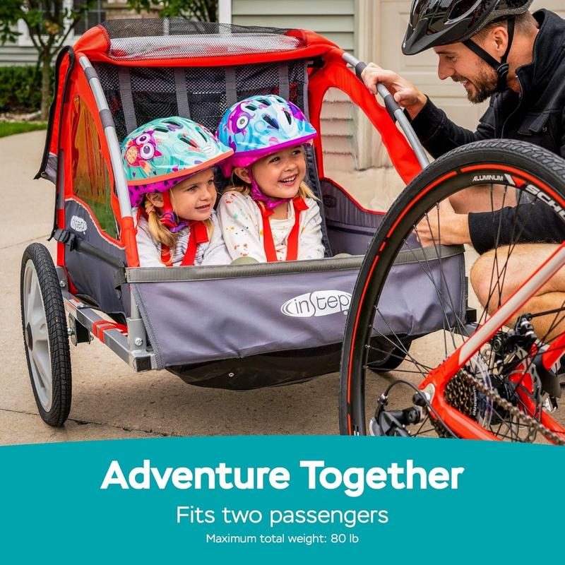 Sync and Take 2 Bike Trailer, Single and Double Seat Options, 5-Point Harness, Folding Frame, Quick Release Wheels, Easy Storage, With Bug Screen & Weather Shield, Bike Attachment