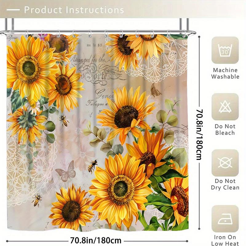 New style 4pcs Modern Sunflower Shower Curtain Set - Water-Resistant, Polyester, Unlined, Knit Woven, with 12 Hooks, 3-Piece Bathroom Decoration Set Including Toilet Floor Mat for a Vibrant and Artsy Home