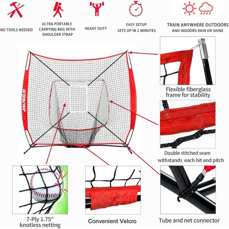 7'X7' Baseball Softball Practice Net,Pitching Net,Batting Net,with Baseball Tee,Bonus Strike Zone and Bow Frame,for Hitting,Pitching, Catching