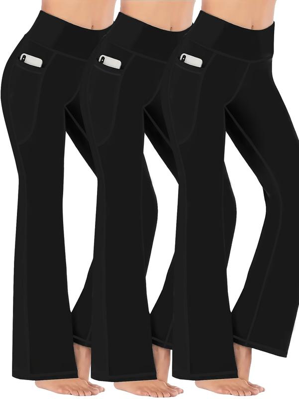 3 Pack Women's Sports Pants Set, Plus Size Seam Detail High Rise Flared Leg Yoga Trousers With Phone Pockets 3pcs Set