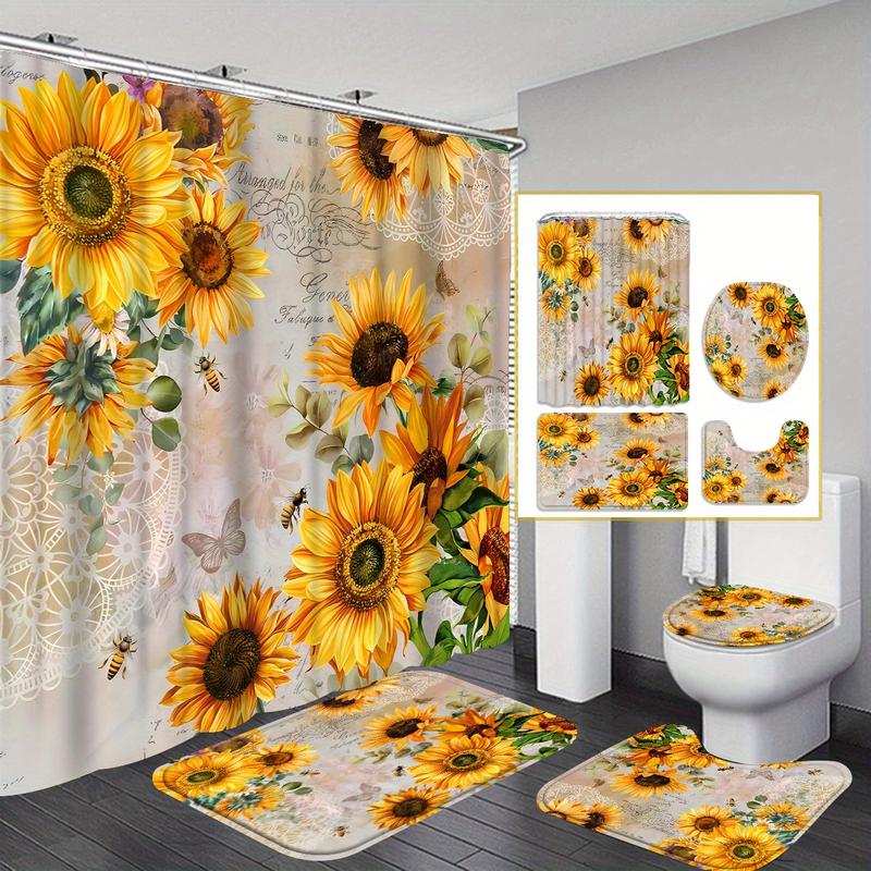 New style 4pcs Modern Sunflower Shower Curtain Set - Water-Resistant, Polyester, Unlined, Knit Woven, with 12 Hooks, 3-Piece Bathroom Decoration Set Including Toilet Floor Mat for a Vibrant and Artsy Home