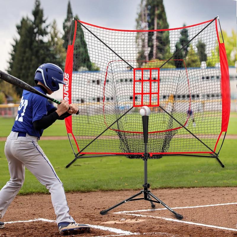 7'X7' Baseball Softball Practice Net,Pitching Net,Batting Net,with Baseball Tee,Bonus Strike Zone and Bow Frame,for Hitting,Pitching, Catching