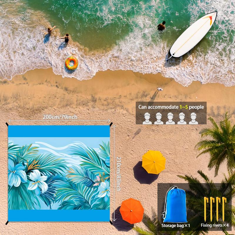 Coconut Flower Pattern Beach Mat, Quick-drying Beach Mat with 1 Storage Bag & 4 Stakes, Foldable Picnic Mat for Outdoor Camping & Hiking