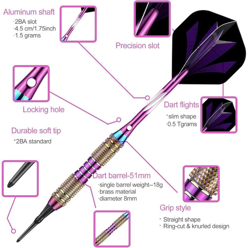 HZB Soft tip Darts Set 18 20 Grams - Professional Darts Plastic Tip with Brass Barrel + Aluminum Shafts + 50 Rubber o-Ring + 6 Flights +50 Soft Tips for Electronic Dartboard